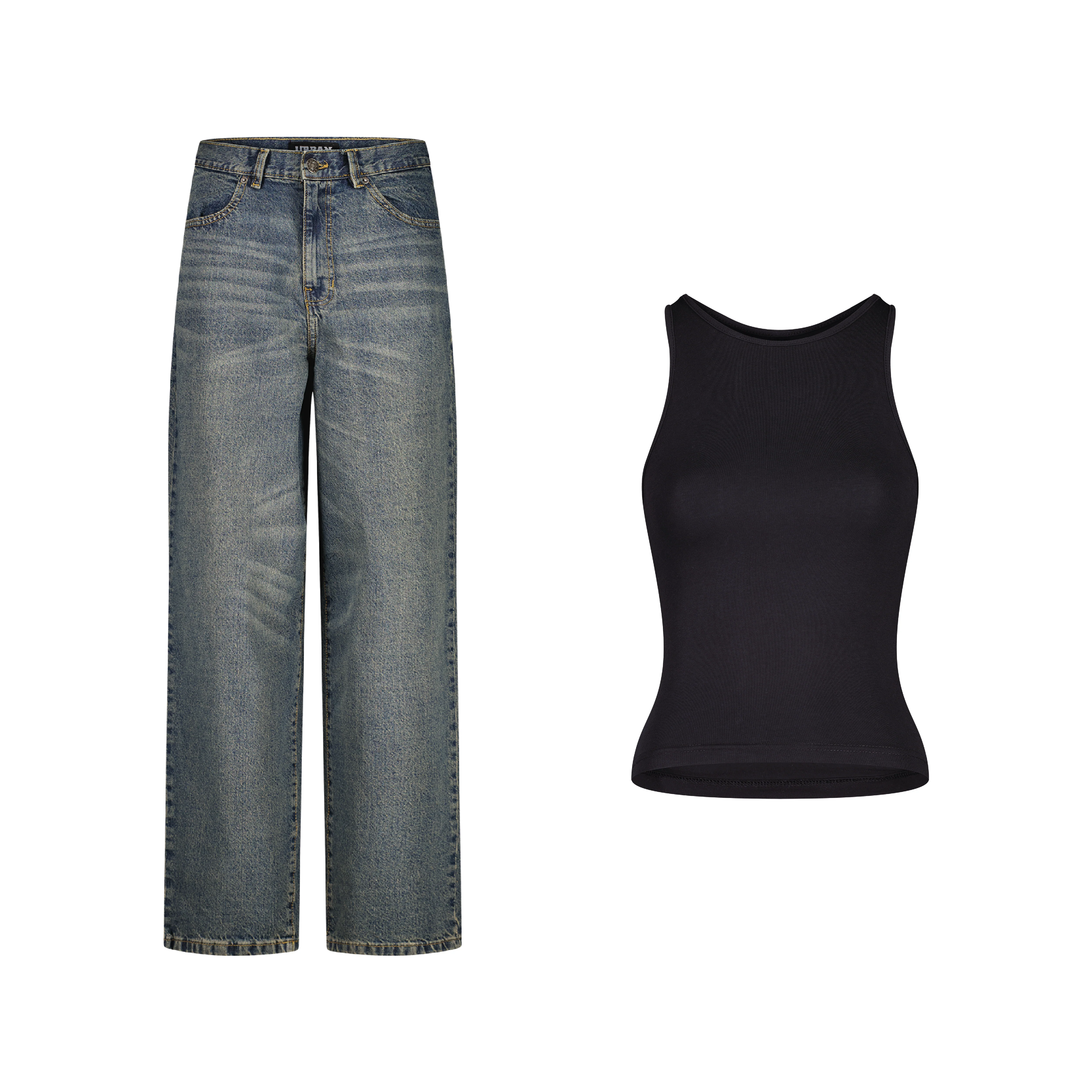 ENSEMBLE PANTALON JEANS BAGGY BLEU DÉLAVÉ SABLE + DÉBARDEUR PREMIUM