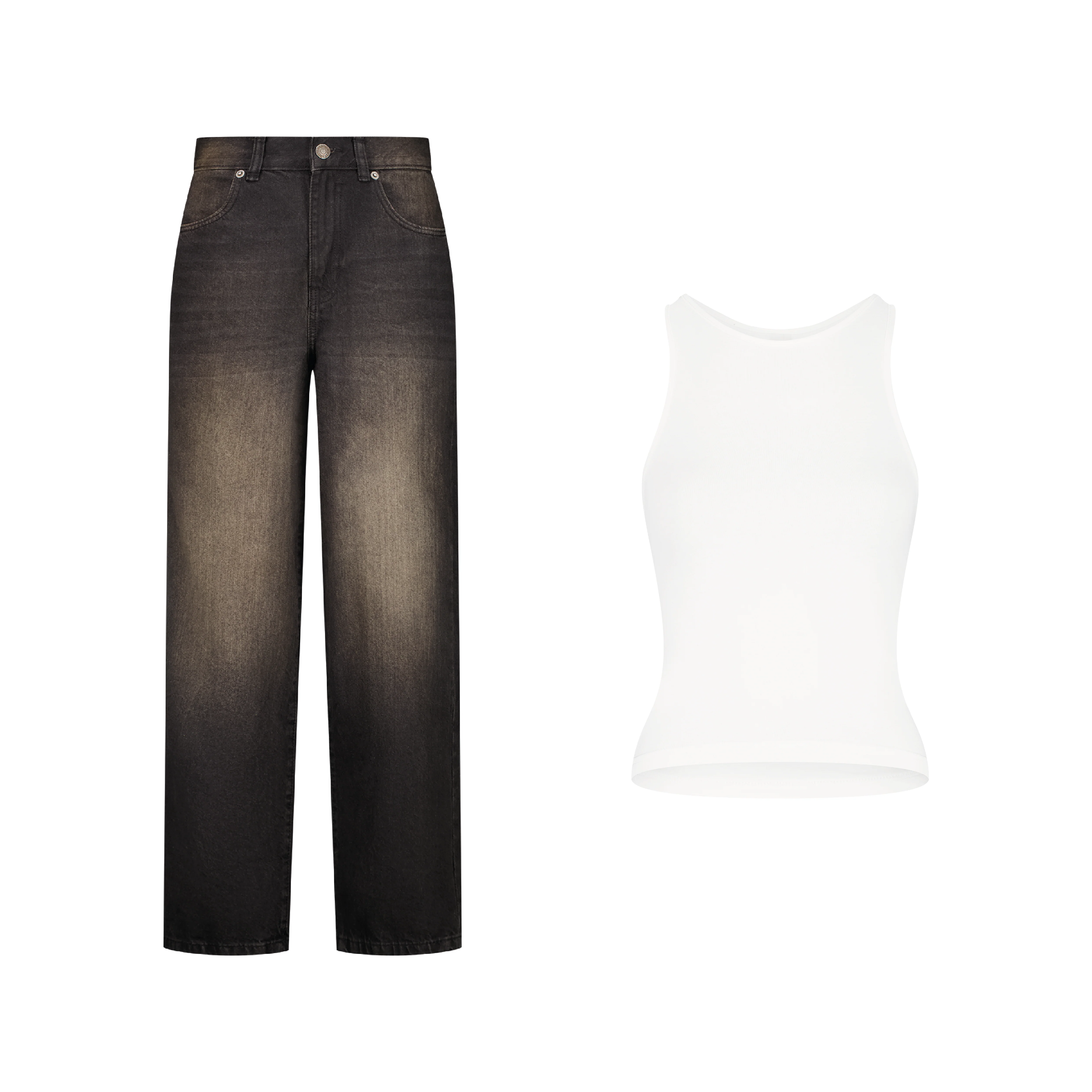 ENSEMBLE PANTALON JEANS BAGGY NOIR DÉLAVÉ SABLE + DÉBARDEUR PREMIUM